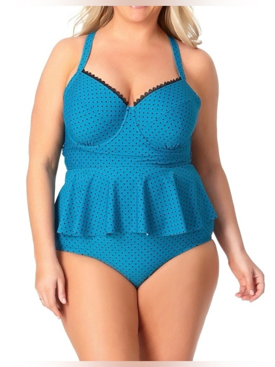Terra & Sky Other - Terra & Sky Teal Black Polka Dot Peplum Two Piece Swimsuit Size 3X Beach Vacay